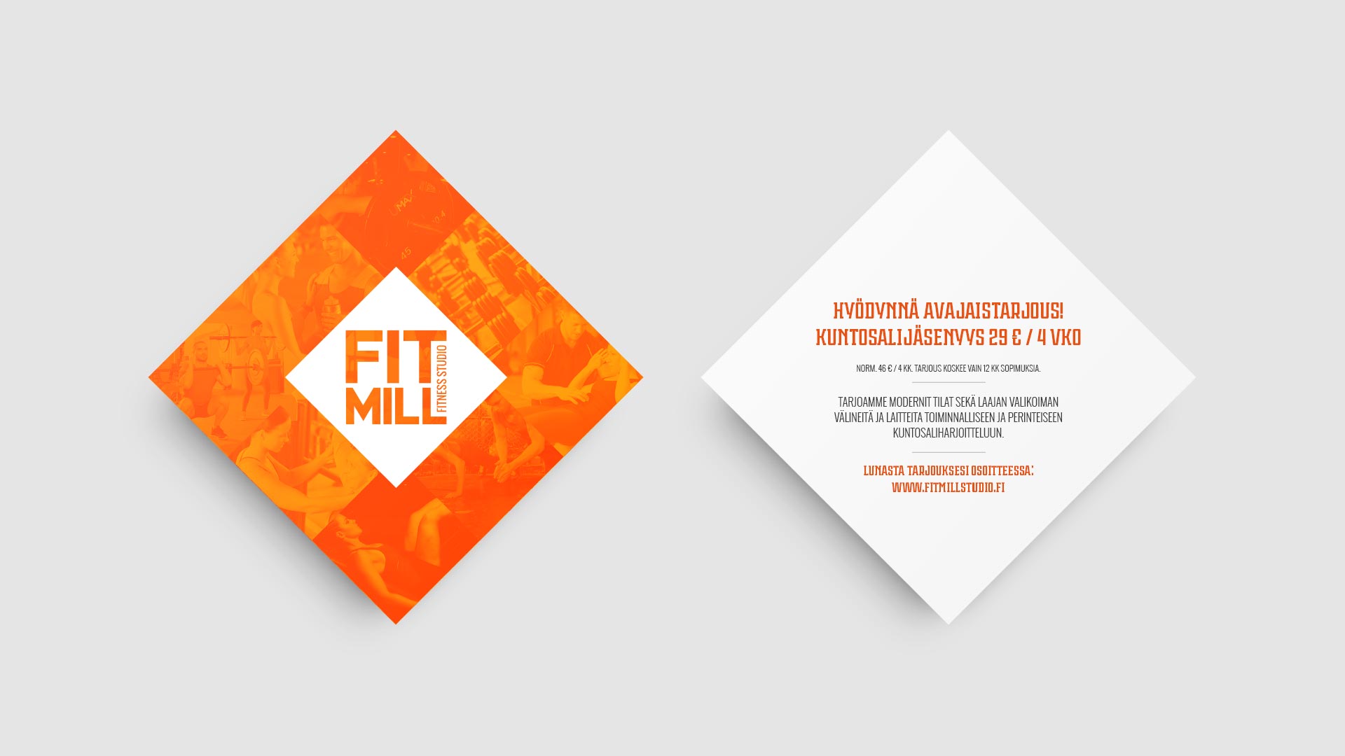 Kuntokeskus Fitmill avajaistarjous kampanaj flyerin suunnttelu