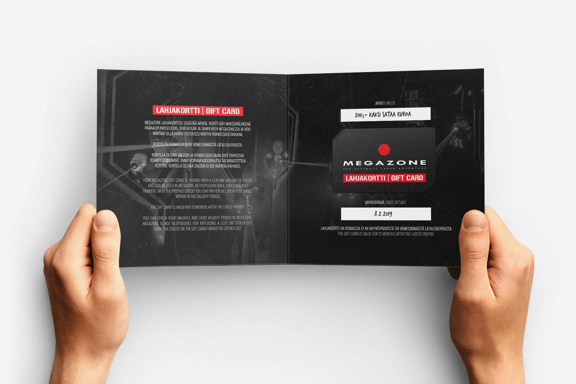 Megazone lahjakortin ja mainosesitteen suunnittelu