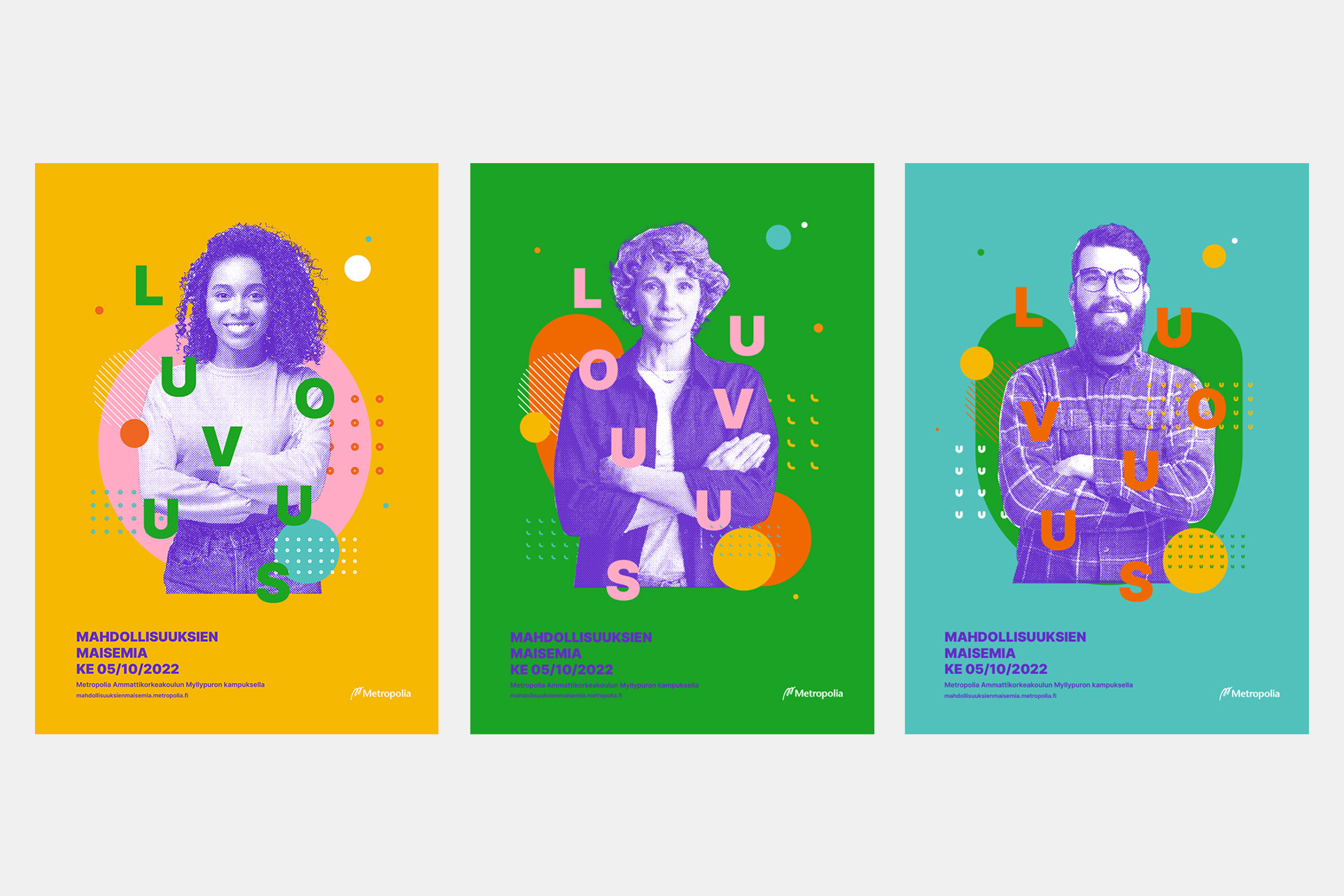 Amattikorkeakoulu Metropolian tapahtuman julisteiden suunnittelu