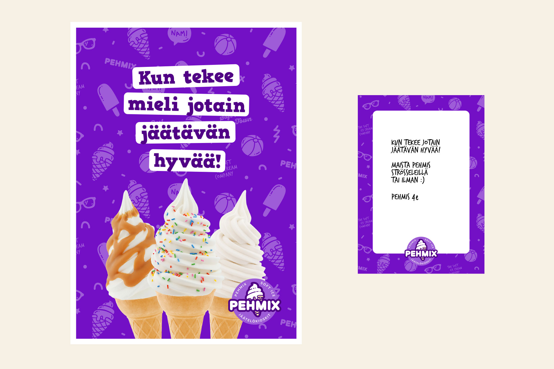 Pehmix jäätelökioskin mainosjulisteiden ja painettavan hinnaston suunnittelu